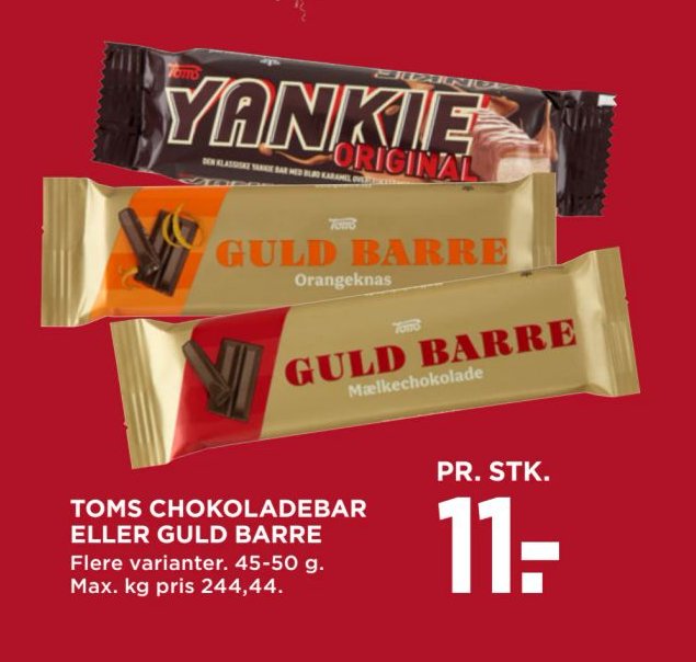 TOMS CHOKOLADEBAR ELLER GULD BARRE Flere varianter. 45-50 g. Max. kg pris 244,44. – Meny