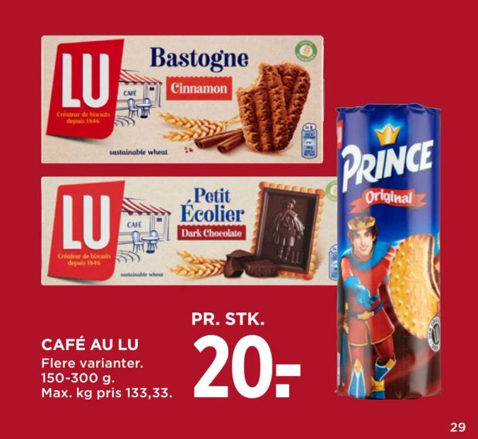 CAFÉ AU LU Flere varianter. 150-300 g. Max. kg pris 133,33. – Meny