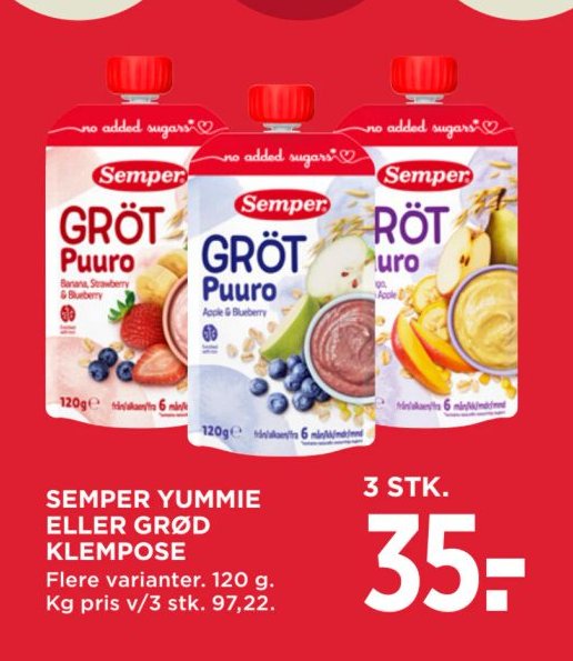 SEMPER YUMMIE ELLER GRØD KLEMPOSE Flere varianter. 120 g. – Meny
