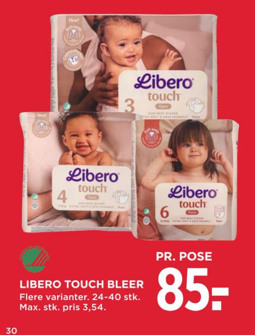 LIBERO TOUCH BLEER Flere varianter. 24-40 stk. – Meny