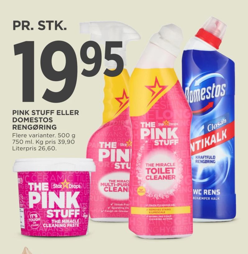 PINK STUFF ELLER DOMESTOS RENGØRING Flere varianter. 500 g 750 ml. Kg pris 39,90 Literpris 26,60 – Meny
