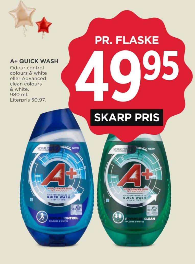 A QUICK WASH colours & white eller Advanced clean colours & white. 980 ml. Literpris 50,97. – Meny