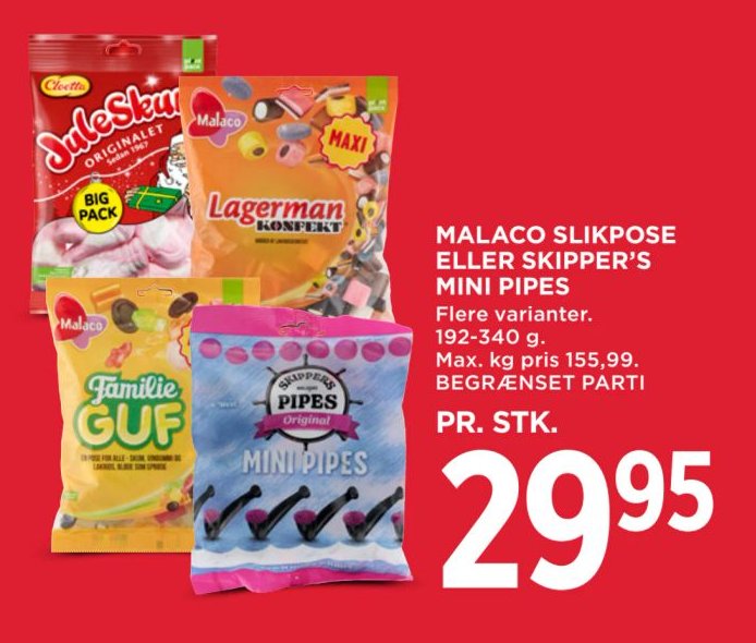 MALACO SLIKPOSE ELLER SKIPPER'S MINI PIPES Flere varianter. 192-340 g. Max. kg pris 155,99. – Meny