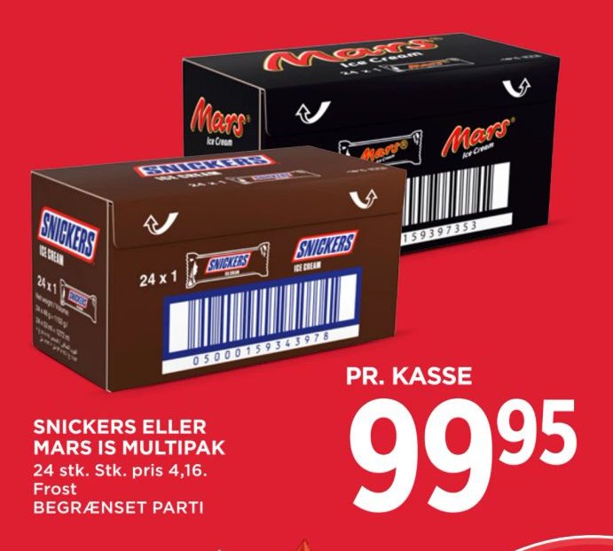 SNICKERS ELLER MARS IS MULTIPAK 24 stk. Stk. pris 4,16. Frost. – Meny