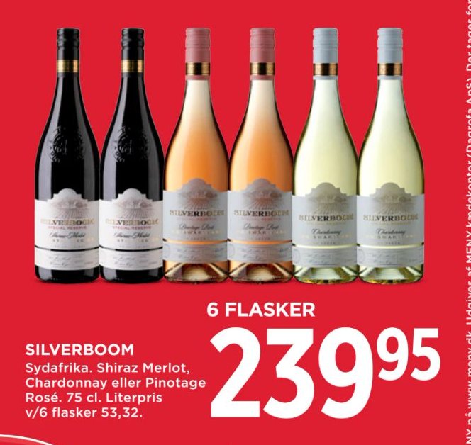 SILVERBOOM Sydafrika. Shiraz Merlot, Chardonnay eller Pinotage Rosé. 75 cl. Literpris v/6 flasker 53,32. – Meny