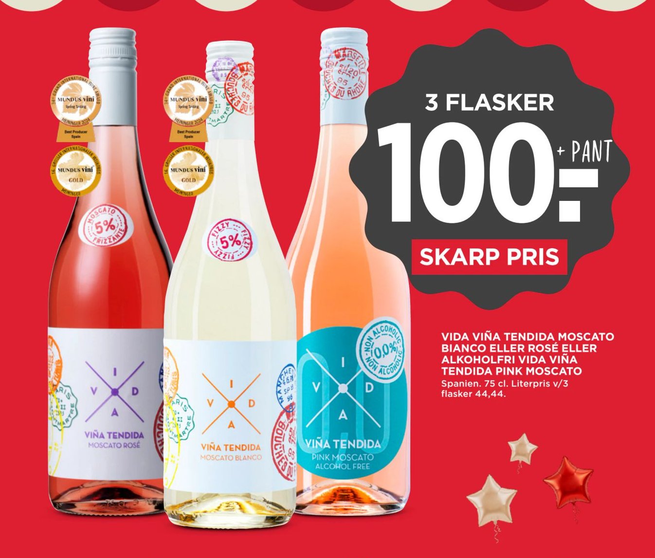 VIDA VIÑA TENDIDA MOSCATO BIANCO ELLER ROSÉ ELLER ALKOHOLFRI VIDA VIÑA TENDIDA PINK MOSCATO Spanien. 75 cl. – Meny