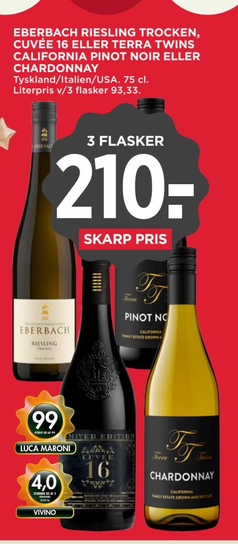 EBERBACH RIESLING TROCKEN, GUTSWEIN 16 ELLER TERRA TWINS CALIFORNIA PINOT NOIR ELLER CHARDONNAY Spanien/Italien/USA. 75 cl. – Meny