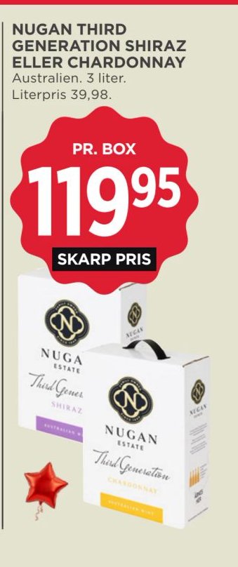 NUGAN THIRD GENERATION SHIRAZ ELLER CHARDONNAY Australien. 3 liter. – Meny