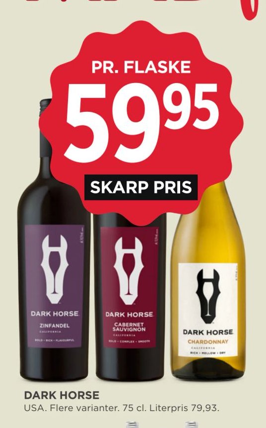 DARK HORSE USA. Flere varianter. 75 cl. Literpris 79,93. – Meny