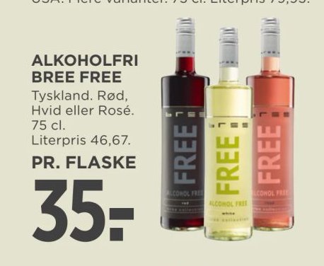 ALKOHOLFRI FREE Tyvekind. Rød, Hvid eller Rosé. 75 cl. Literpris 46,67. PR. FLASKE – Meny