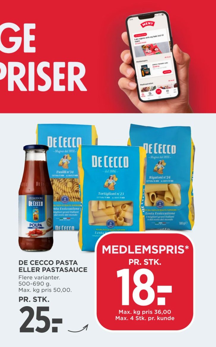 DE CECCO PASTA ELLER PASTASAUCE – Meny