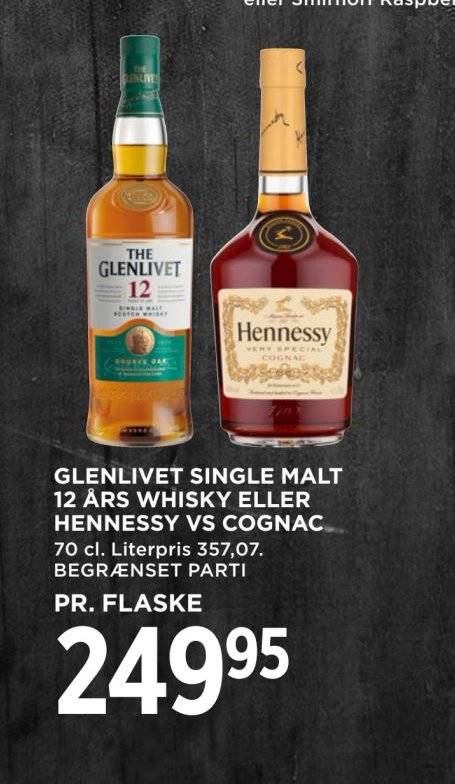 GLENLIVET SINGLE MALT 12 ÅRS WHISKY ELLER HENNESSY VS COGNAC – Meny