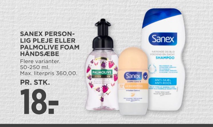 SANEX PERSONLIG PLEJE ELLER PALMOLIVE FOAM HÅNDSÆBE – Meny