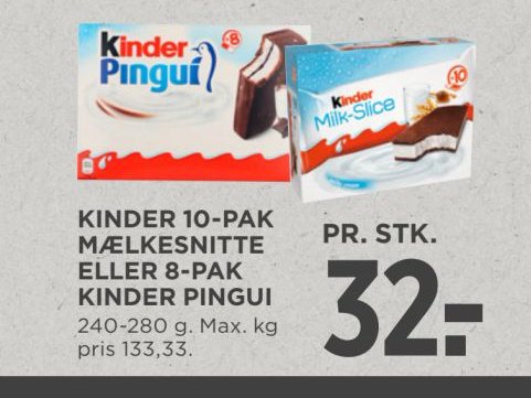 KINDER 10-PAK MÆLKESNITTE ELLER 8-PAK KINDER PINGUI – Meny