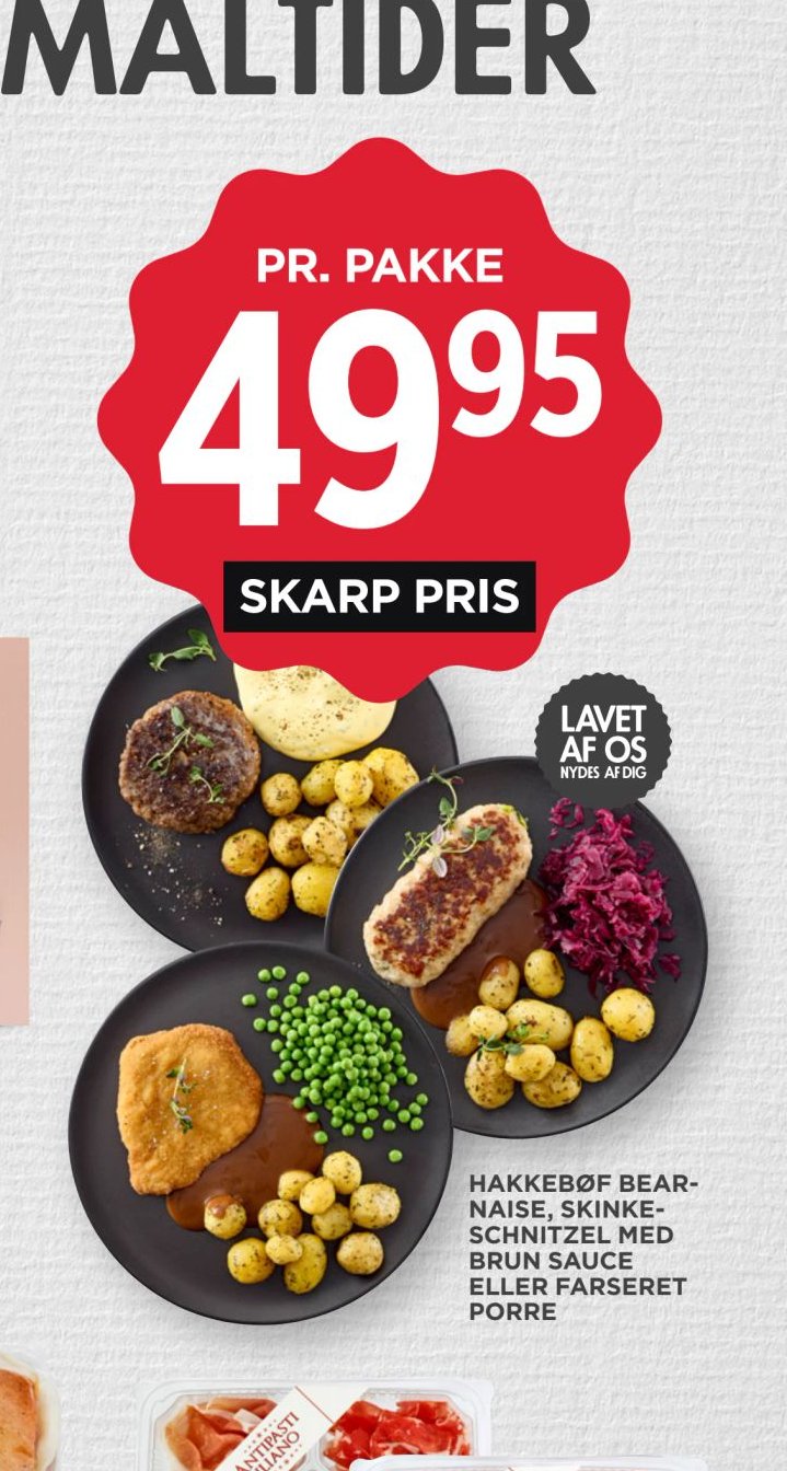 HAKKEBØF BEARNAISE, SKINKESCHNITZEL MED BRUN SAUCE ELLER FARSERET PORRE – Meny