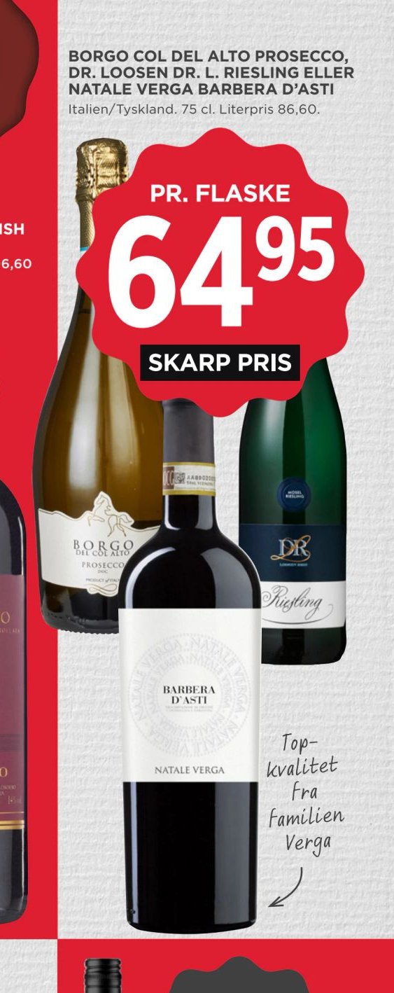 BORGO COL DEL ALTO PROSECCO, DR. LOOSEN DR. L. RIESLING ELLER NATALE VERGA BARBERA D’ASTI – Meny