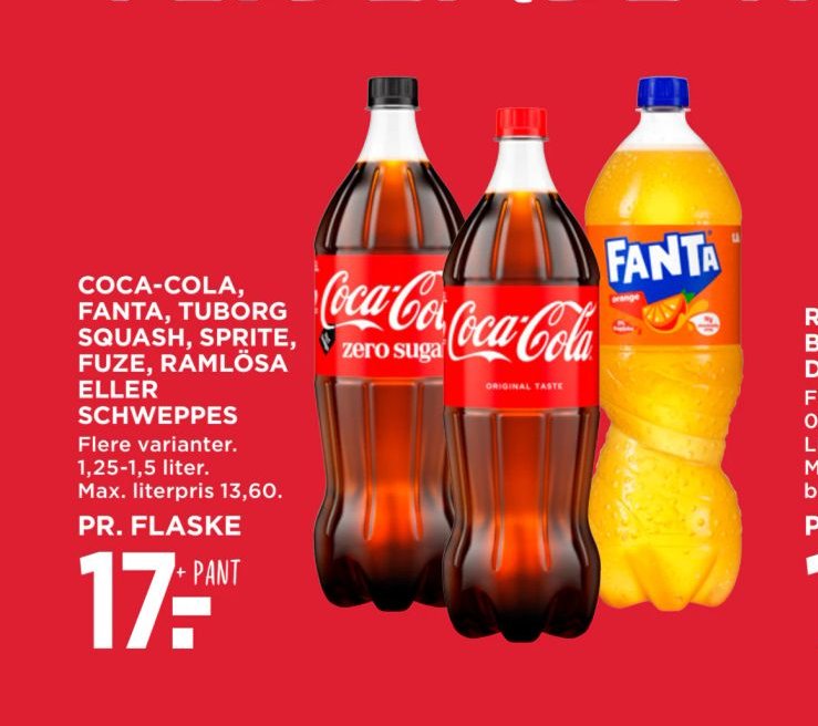 COCA-COLA, FANTA, TUBORG SQUASH, SPRITE, FUZE, RAMLÖSA ELLER SCHWEPPES – Meny