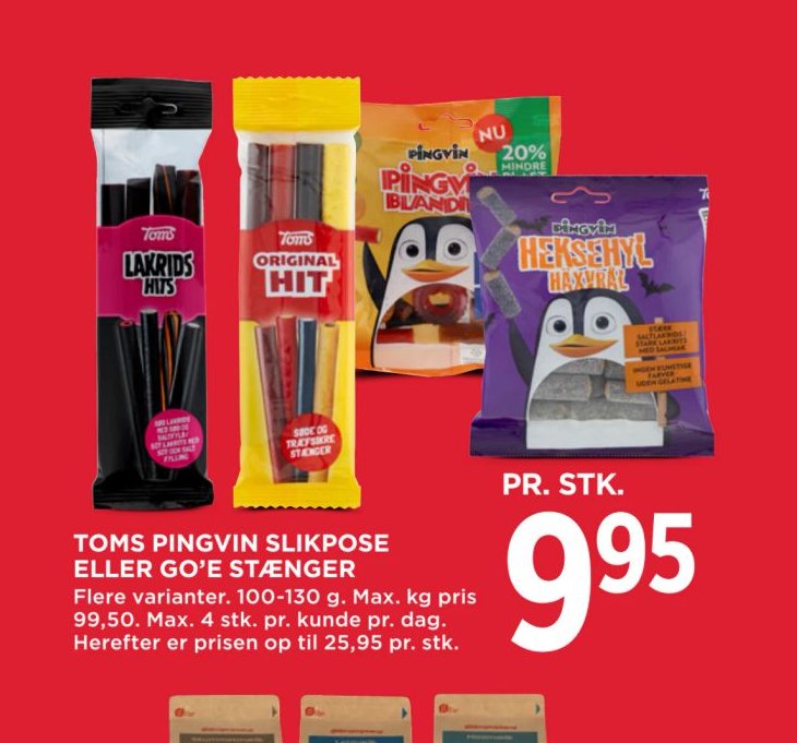TOMS PINGVIN SLIKPOSE ELLER GO’E STÆNGER – Meny