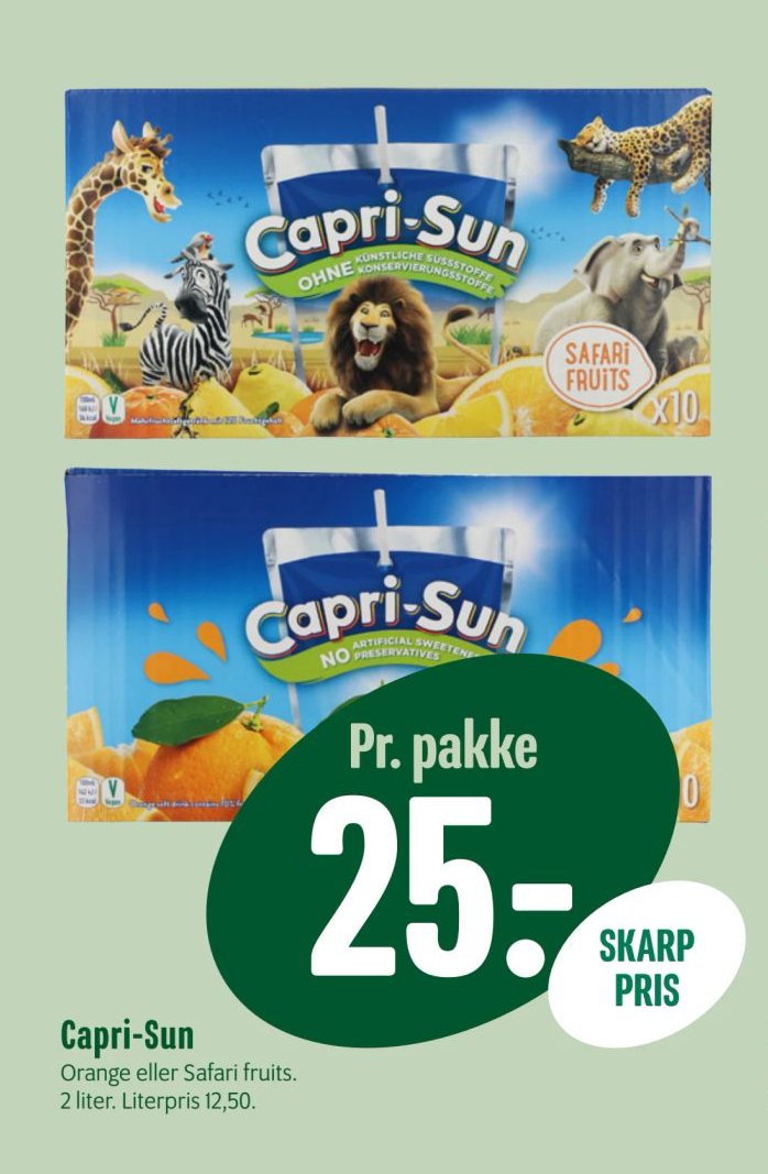 Capri-Sun Orange eller Safari fruits. 2 liter. Literpris 12,50. – Min Købmand