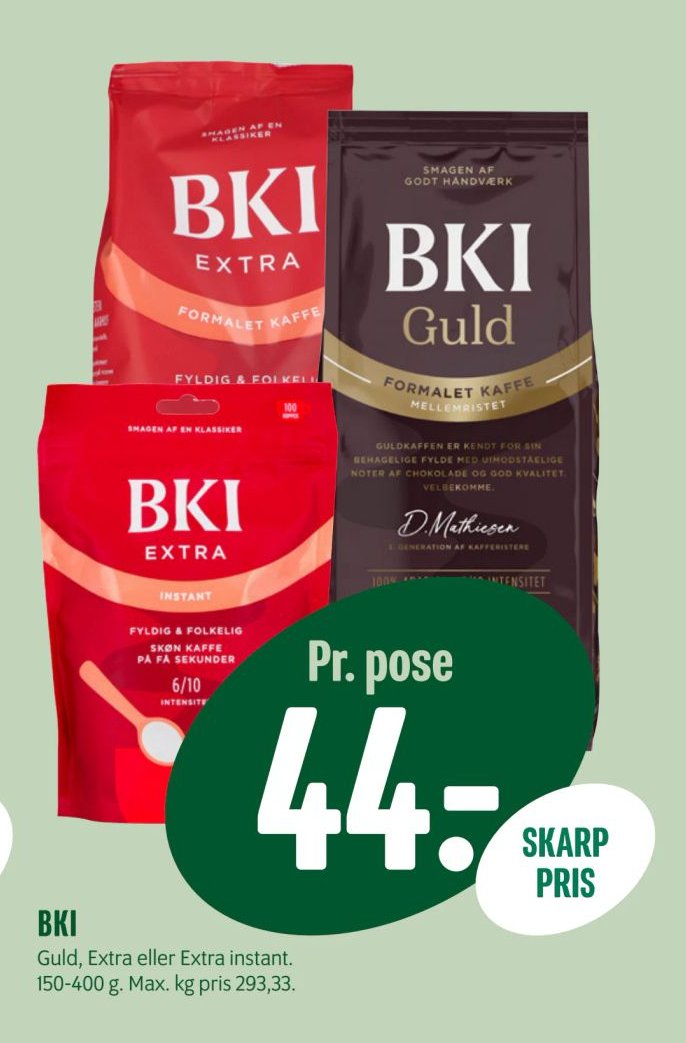 BKI Guld, Extra eller Extra instant. 150-400 g. Max. kg pris 293,33. – Min Købmand