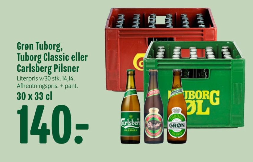 Grøn Tuborg, Tuborg Classic eller Carlsberg Pilsner 30 x 33 cl – Min Købmand