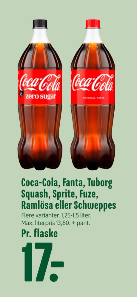 Coca-Cola, Fanta, Tuborg Squash, Sprite, Fuze, Ramlösa eller Schweppes Pr. flaske – Min Købmand