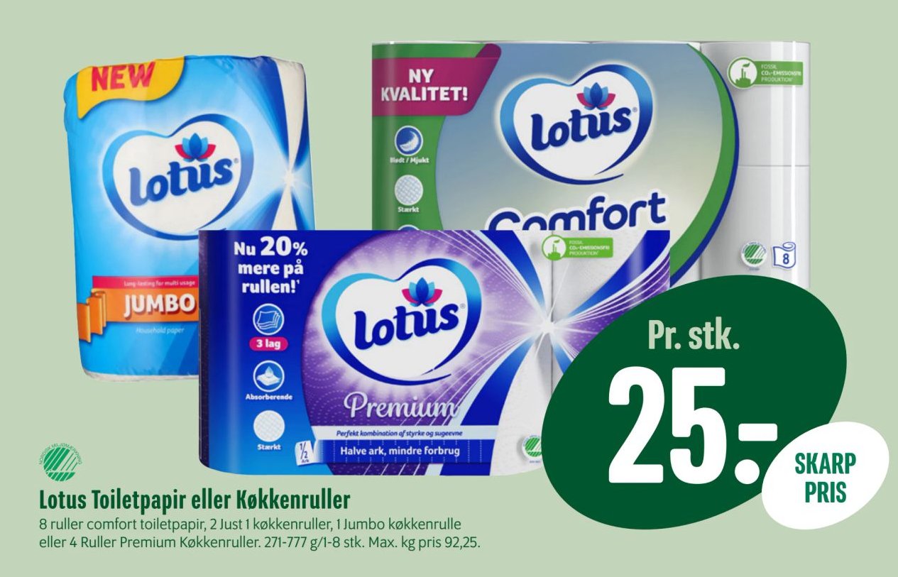 Lotus Toiletpapir eller Køkkenruller 8 ruller comfort toiletpapir, 2 Just 1 køkkenruller, 1 Jumbo køkkenrulle eller 4 Ruller Premium Køkkenruller – Min Købmand