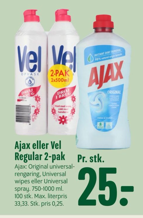 Ajax eller Vel Regular 2-pak Ajax: Original universalrengøring, Universal wipes eller Universal spray. 750-1000 ml. – Min Købmand