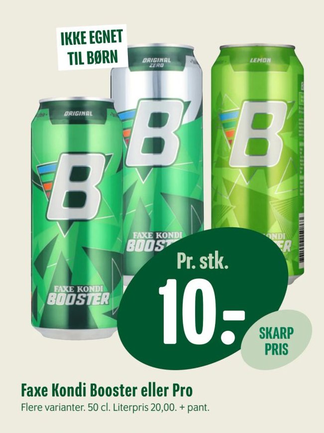 Faxe Kondi Booster eller Pro Flere varianter. 50 cl. Literpris 20,00. + pant. – Min Købmand