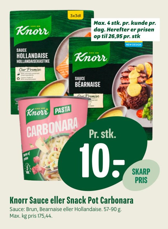 Knorr Sauce eller Snack Pot Carbonara Sauce: Brun, Bearnaise eller Hollandaise. 57-90 g. Max. kg pris 175,44. – Min Købmand