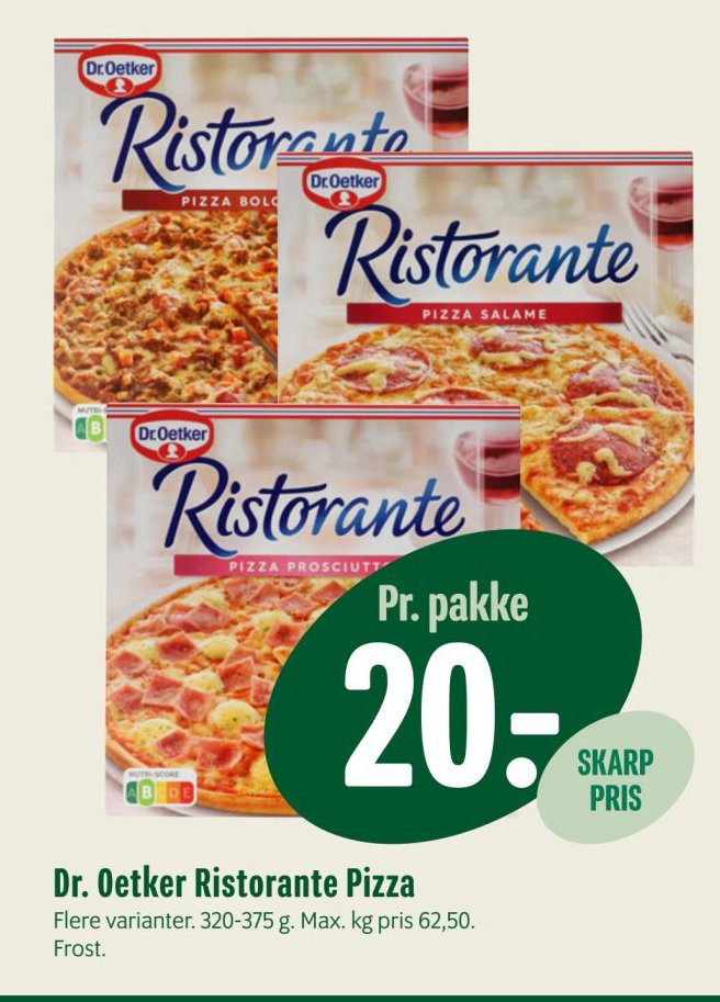 Dr. Oetker Ristorante Pizza Flere varianter. 320-375 g. Max. kg pris 62,50. Frost. – Min Købmand