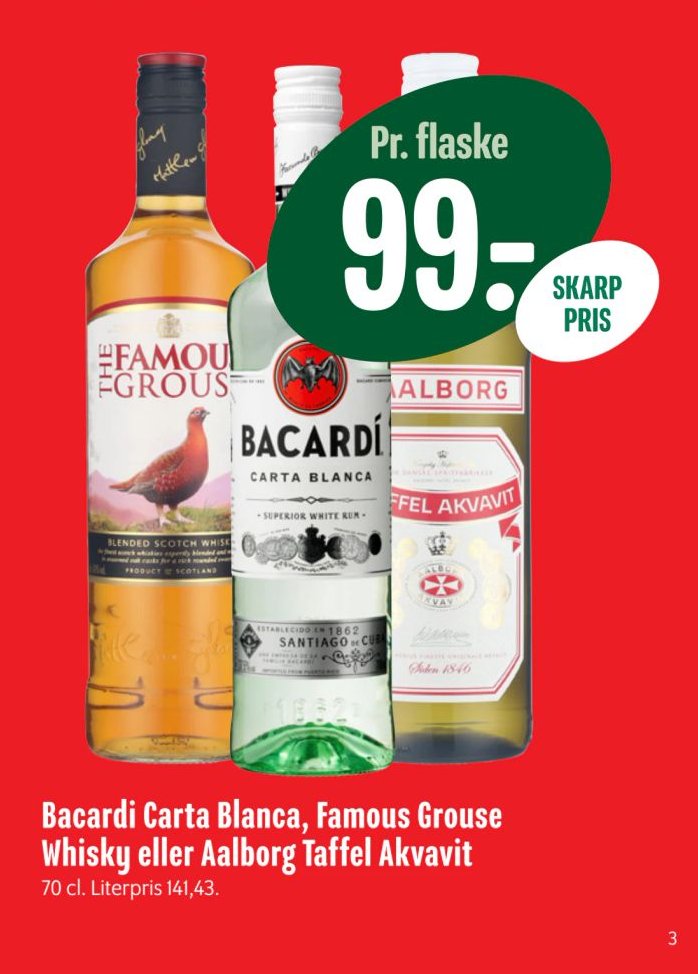 Bacardi Carta Blanca, Famous Grouse Whisky eller Aalborg Taffel Akvavit 70 cl – Min Købmand