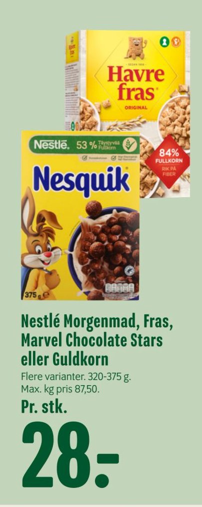Nestlé Morgenmad, Fras, Marvel Chocolate Stars eller Guldkorn Flere varianter. 320-375 g. – Min Købmand