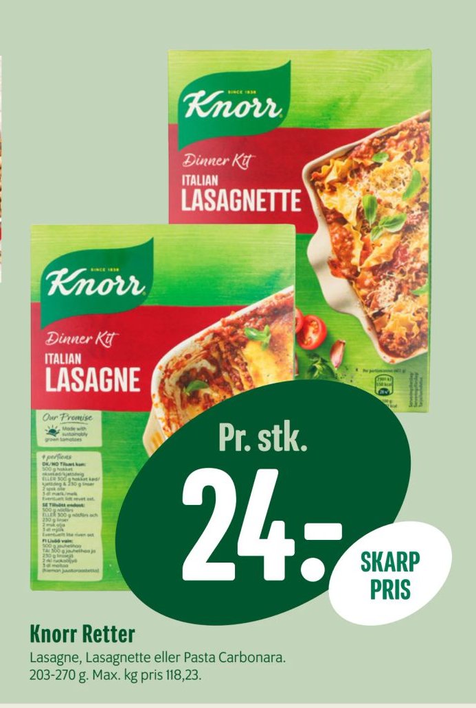 Knorr Retter Lasagne, Lasagnette eller Pasta Carbonara. 203-270 g. – Min Købmand