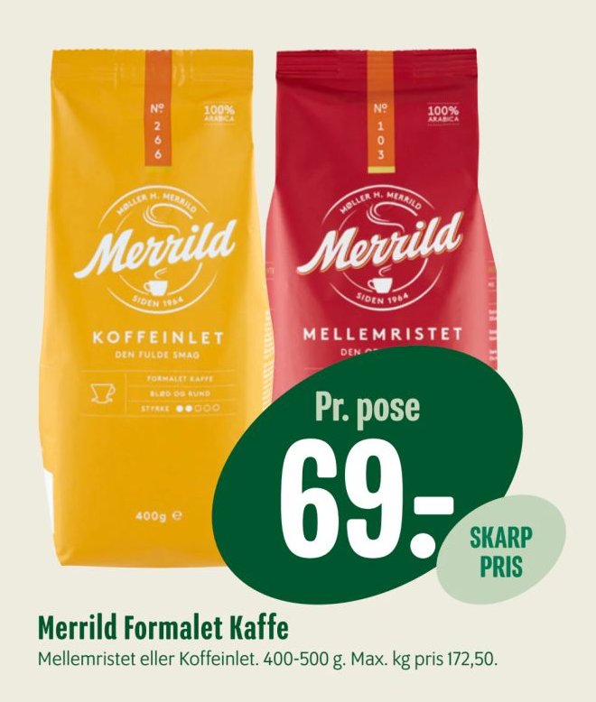 Merrild Formalet Kaffe Mellemristet eller Koffeinlet. 400-500 g. – Min Købmand