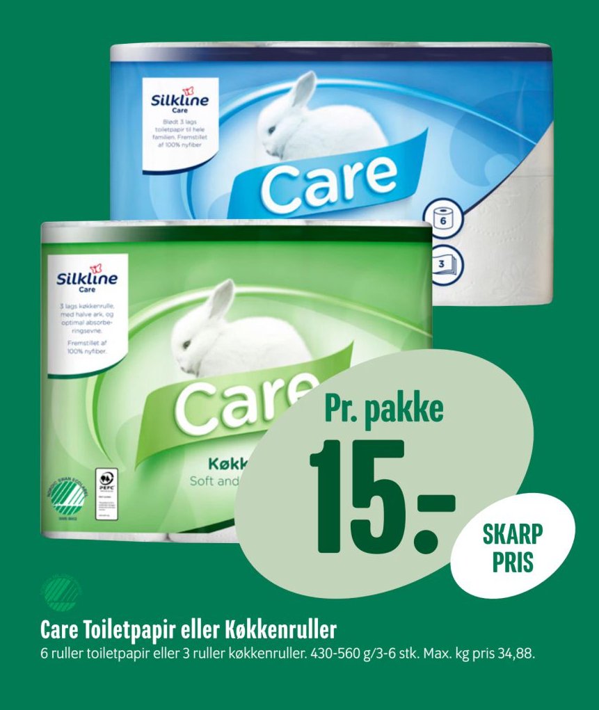 Care Toiletpapir eller Køkkenruller 6 ruller toiletpapir eller 3 ruller køkkenruller. 430-560 g/3-6 stk. Max. kg pris 34,88. – Min Købmand