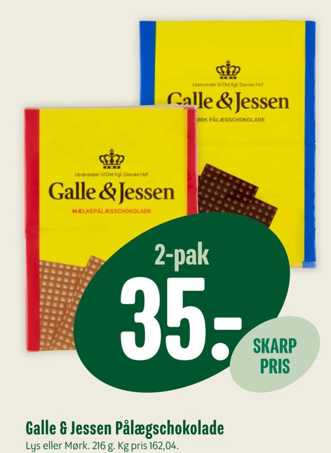 Galle & Jessen Pålægschokolade Lys eller Mørk. 2-pak 216 g. – Min Købmand