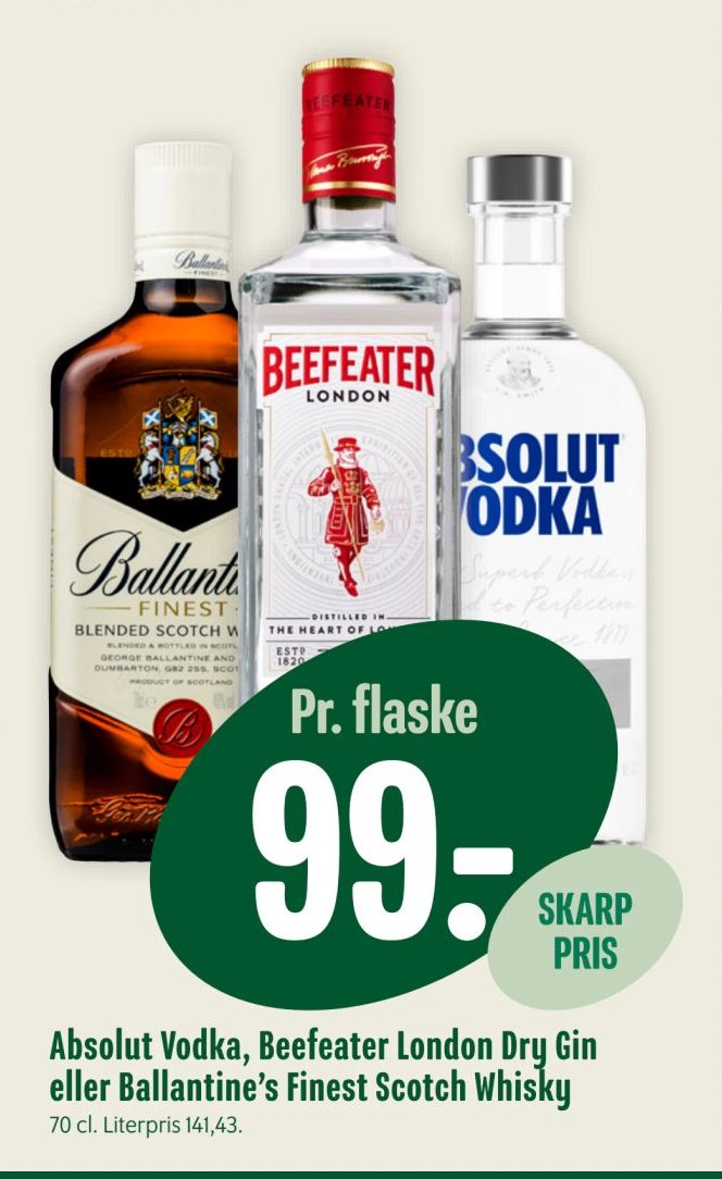Absolut Vodka, Beefeater London Dry Gin eller Ballantine’s Finest Scotch Whisky 70 cl. – Min Købmand