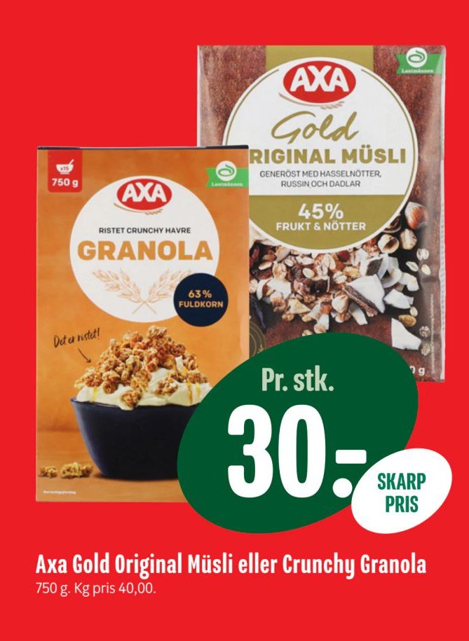 Axa Gold Original Müsli eller Crunchy Granola 750 g. Kg pris 40,00. – Min Købmand