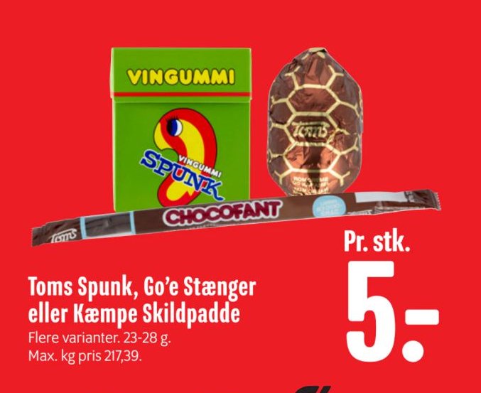 Toms Spunk, Go'e Stænger eller Kæmpe Skildpadde Flere varianter. 23-28 g. Max. kg pris 217,39. – Min Købmand