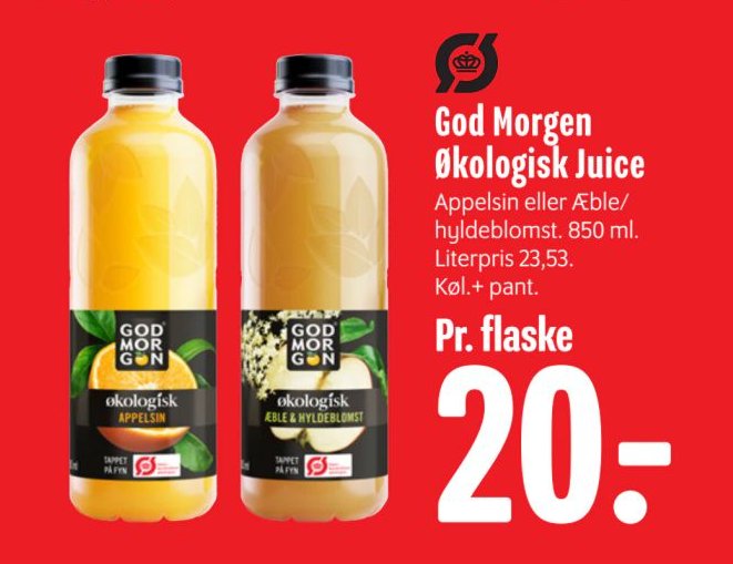 God Morgen Økologisk Juice Appelsin eller Æble/hyldeblomst. 850 ml. Literpris 23,53. Køl.+ pant. – Min Købmand