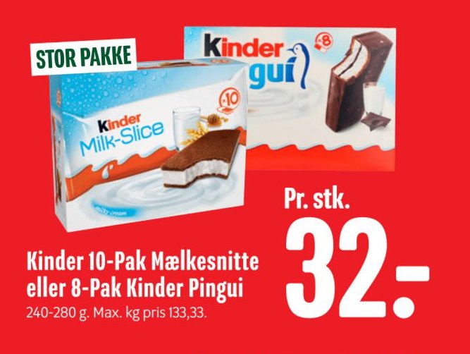 Kinder 10-Pak Mælkesnitte eller 8-Pak Kinder Pingui 240-280 g. Max. kg pris 133,33. – Min Købmand