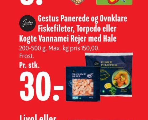 Gestus Panerede og Ovnklare Fiskefileter, Torpedo eller Kogte Vannamei Rejer med Hale – Min Købmand