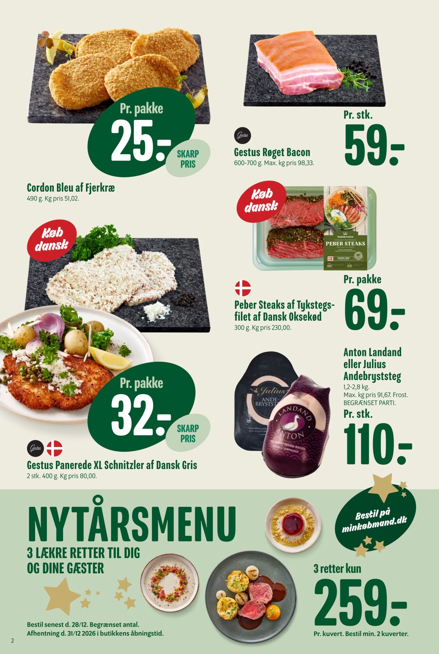 3 retter kun 259-. Pr. kuvert. Bestil min. 2 kuverter. – Min Købmand