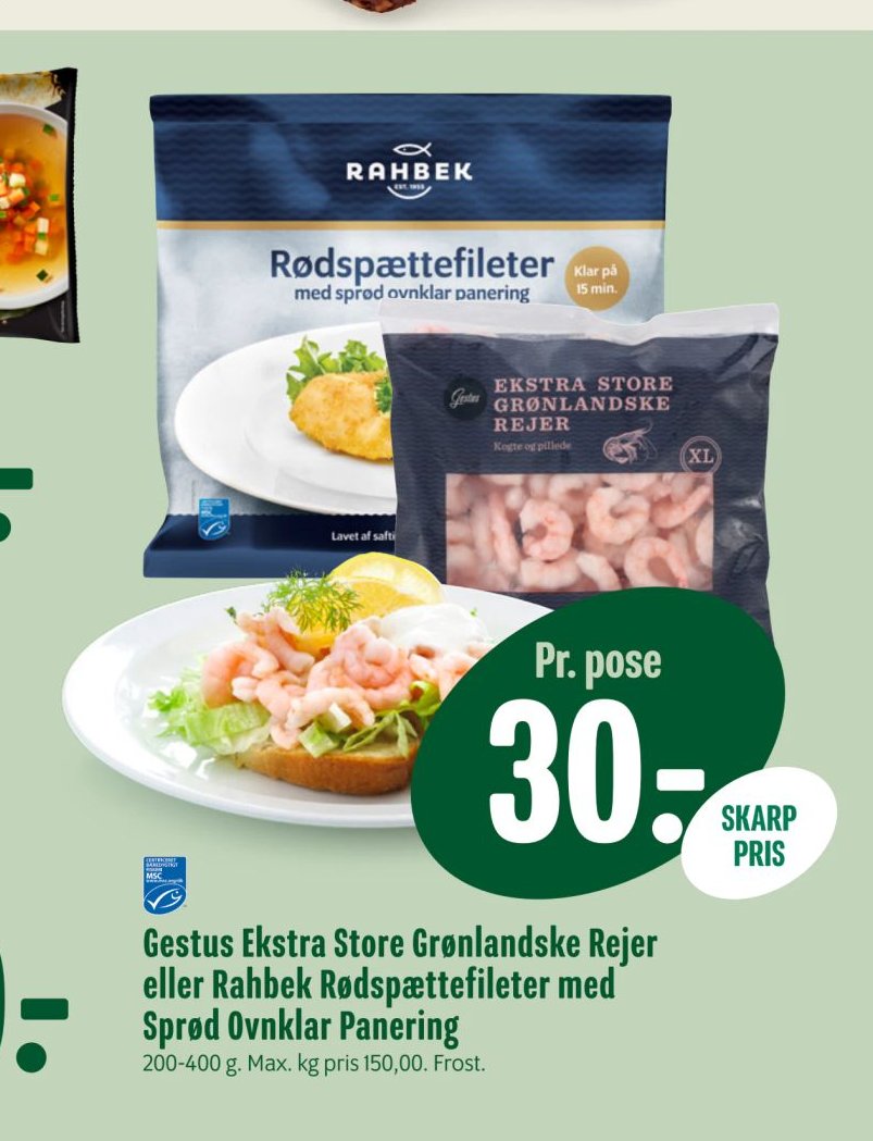 Gestus Ekstra Store Grønlandske Rejer eller Rahbek Rødspættefileter med Sprød Ovnklar Panering – Min Købmand