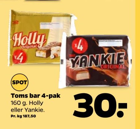 Toms bar 4-pak 160 g. Holly eller Yankie. – Netto