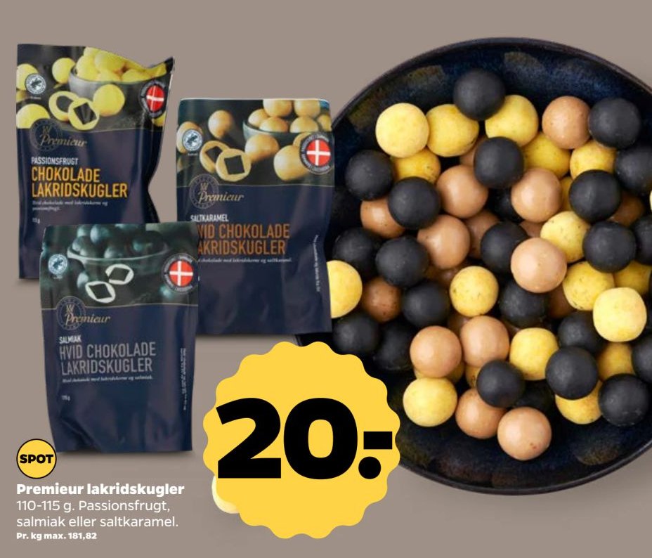 Premieur lakridskugler 110-115 g. Passionsfrugt, salmiak eller saltkaramel. – Netto