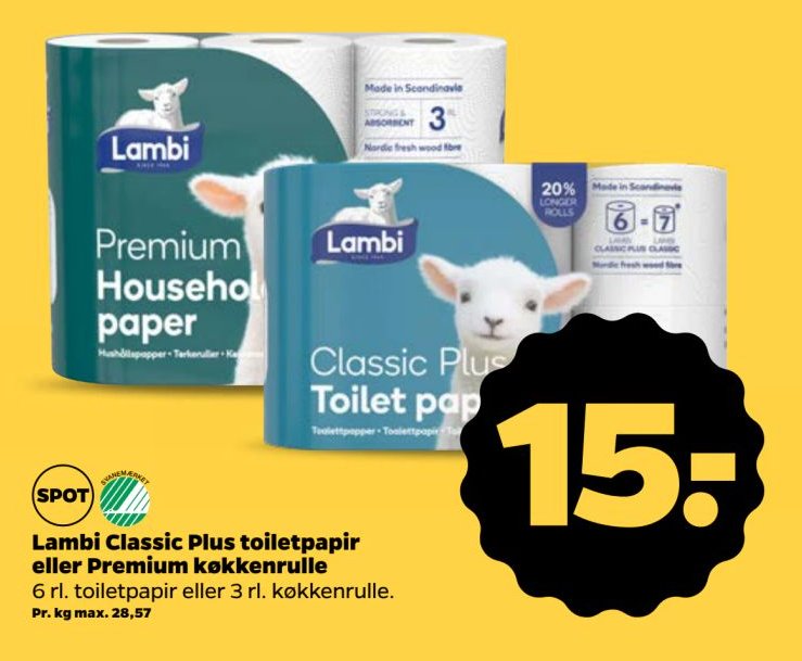 Lambi Classic Plus toiletpapir eller Premium køkkenrulle 6 rl. toiletpapir eller 3 rl. køkkenrulle. – Netto
