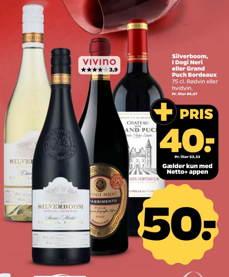 Silverboom, I Dogi Neri eller Grand Puch Bordeaux 75 cl. Rødvin eller hvidvin. – Netto
