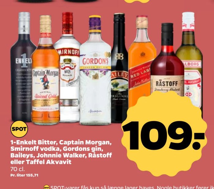 1-Enkelt Bitter, Captain Morgan, Smirnoff vodka, Gordons gin, Baileys, Johnnie Walker, Råstoff eller Taffel Akvavit 70 cl. – Netto